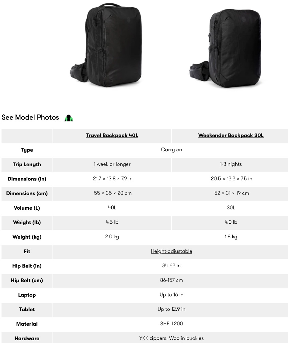 Tortuga travel backpack sizes