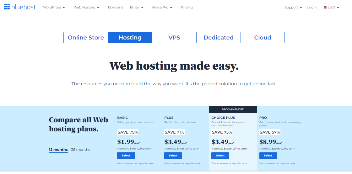 A screenshot of bluehost hosting