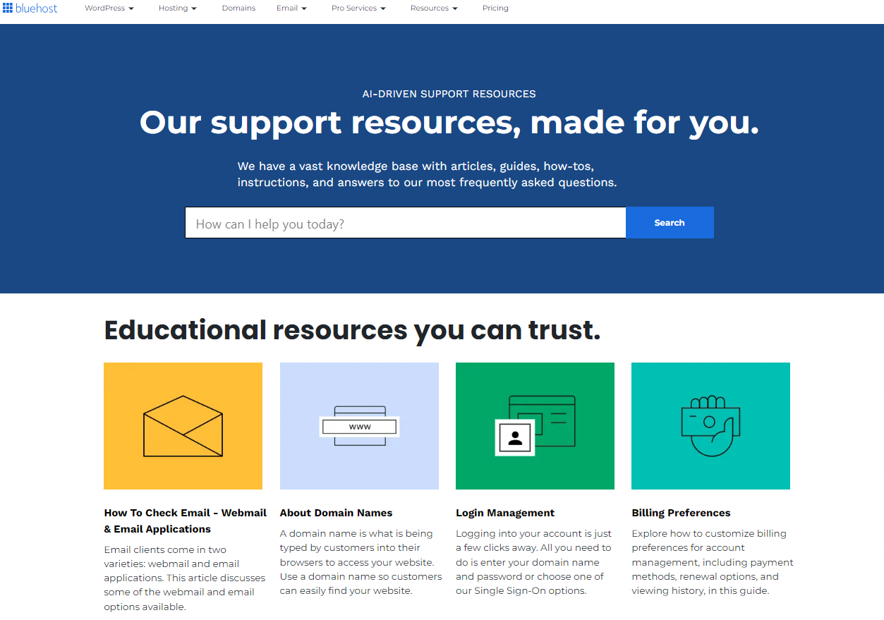 A screenshot of bluehost resources 