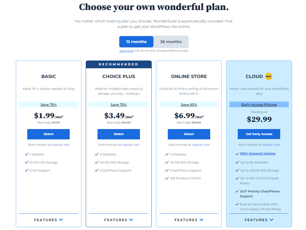 A screenshot of bluehost pricing