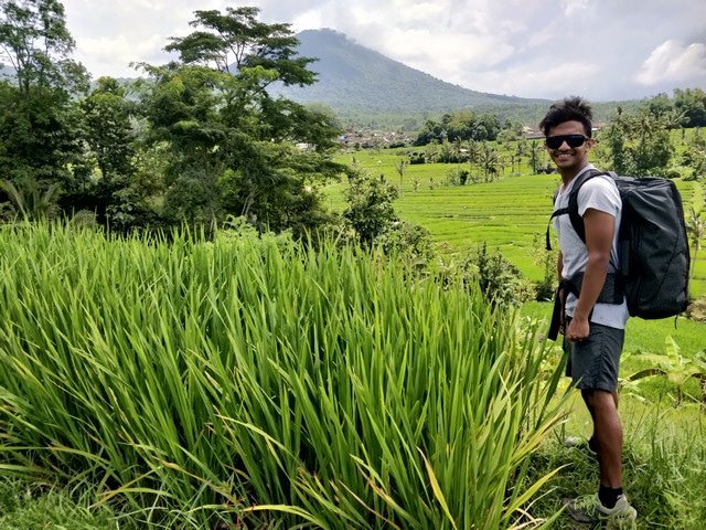 Wearing The Nomatic travel backpack in Bali