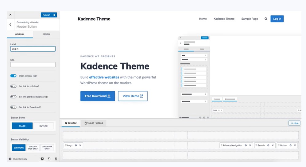 Kadence theme header builder