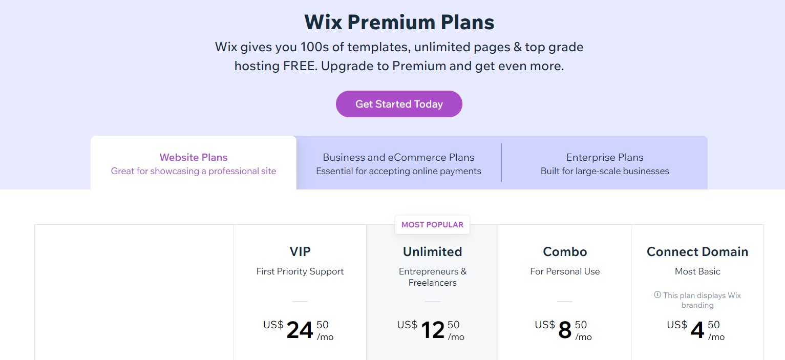 Wix pricing plans