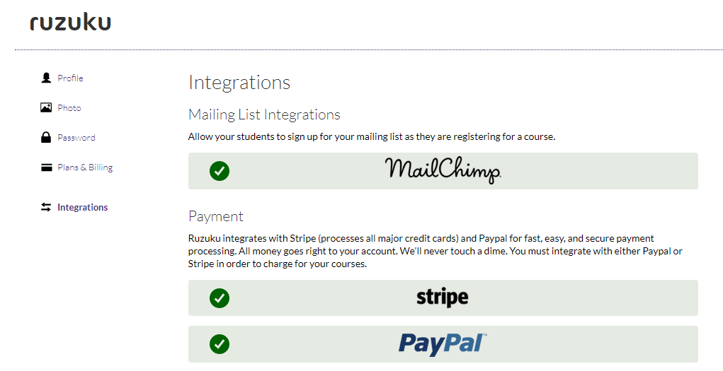 Ruzuku integrations