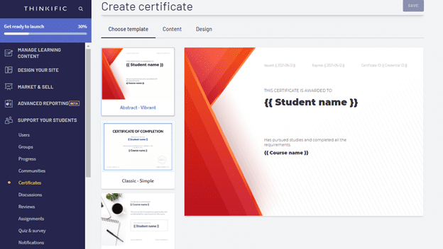 Thinkific certificates
