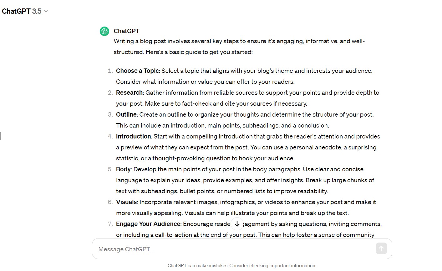 ChatGPT response for how to write a blog post